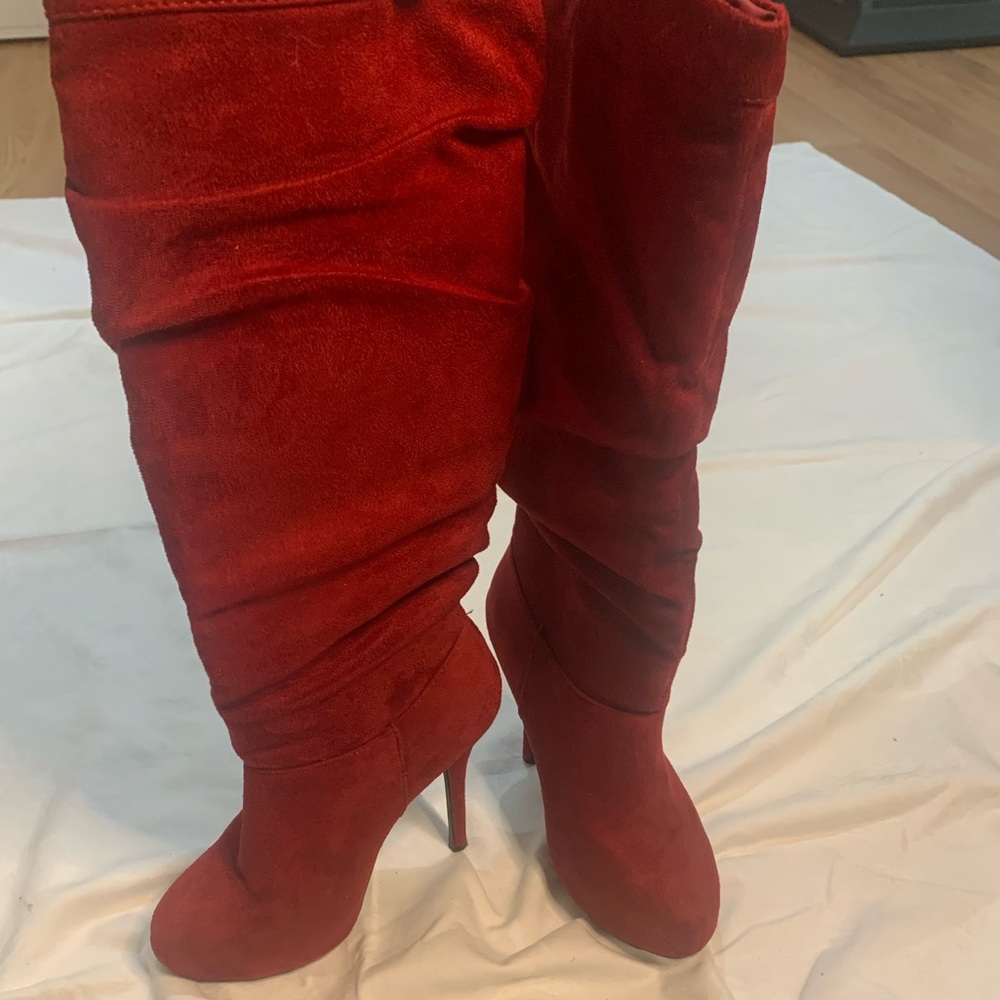 Charlotte Russe: Red Velvet Knee High Heeled boots.